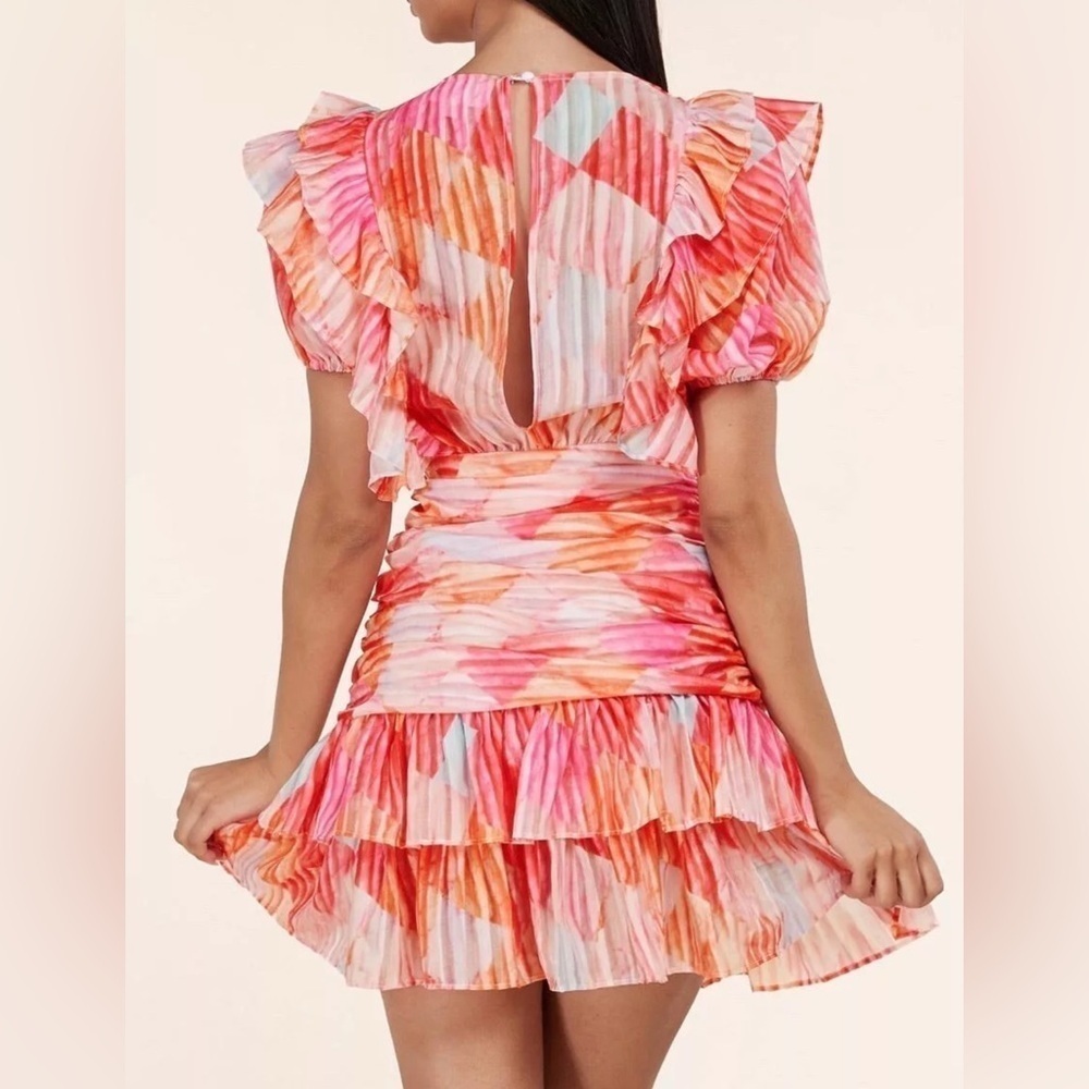 L’atiste Multicolor Ruffle Mini Dress Deep V Flutter Sleeve Ruched Colorful - Picture 3 of 15